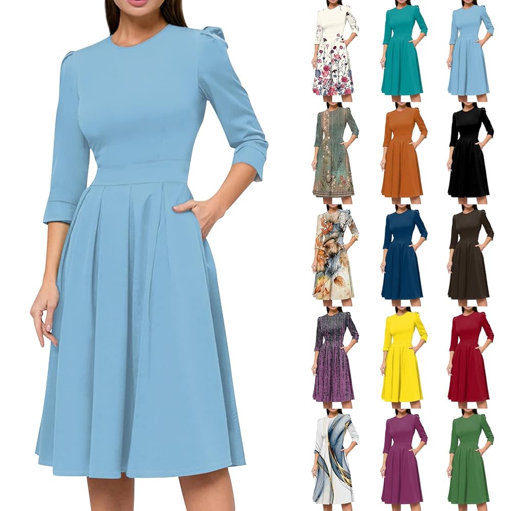 Vintage Midi Dresses for Women Modest 3/4 Sleeve Crew Neck
